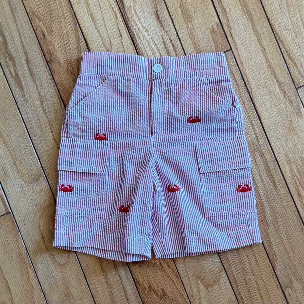 K&L Boys Size 4 Red White Striped Cargo Shorts with Embroidered Crabs Nautical